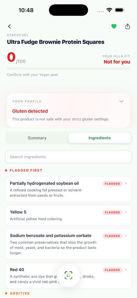 fillr ingredients screen